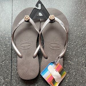 Havaianas Slim Metallic Taupe Flip Flops with Gold Rhinestone Flower